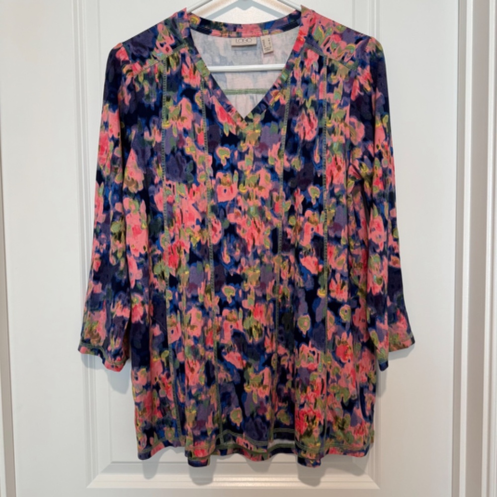 LOGO Lori Goldstein Mixed Print Blue Pink Women 3/4 Sleeve Top Size S